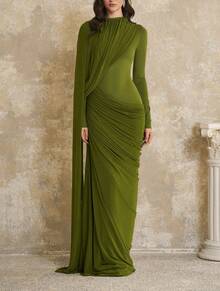 Women's New Fashion Elegant Slim Fit Ruched Ribbon Round Neck Long Sleeve Dress - 綠色(25326) - 查看 2