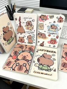 1/4 水豚螺旋笔记本，柔软皮革，可爱水豚图案设计，动物主题风格，每本 50 页内页，是学生和办公礼品、日记本、学习用品、学校用品的理想之选（混色） - 彩色 - 查看 11