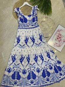 Long Dress With Print, Lined, With Built-In Bra Cups, Made Of Pretty, Fashionable Crepe Fabric. - Blue Power - View 4