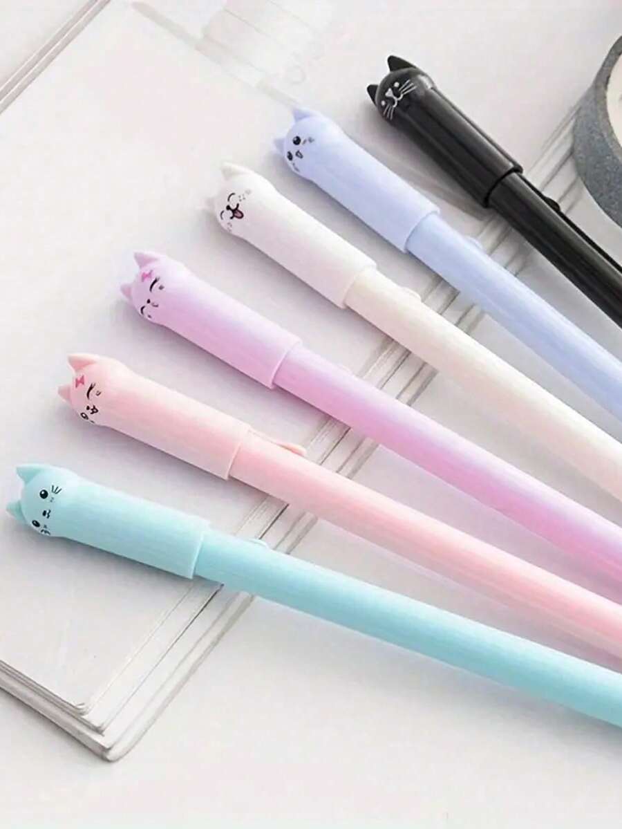 Et Of 6 Cute Cat Gel Pens Cartoon Tail-Wagging Kitty Design, Smooth Writing Black Gel Ink Rollerball Pens, Durable Plastic Material, Fun Stationery For Students And Cat Lovers,Back To School, Festival Party Gifts,Signature Pen, Stationery, Back To School, Holiday Gift,Christmas Gift