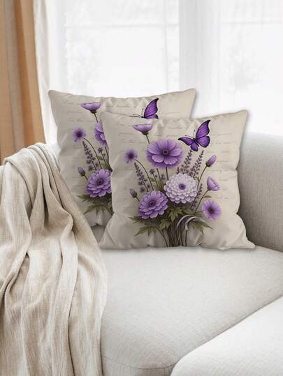 2件装复古紫色枕套，花卉蝴蝶图案，浪漫书房角落装饰枕套