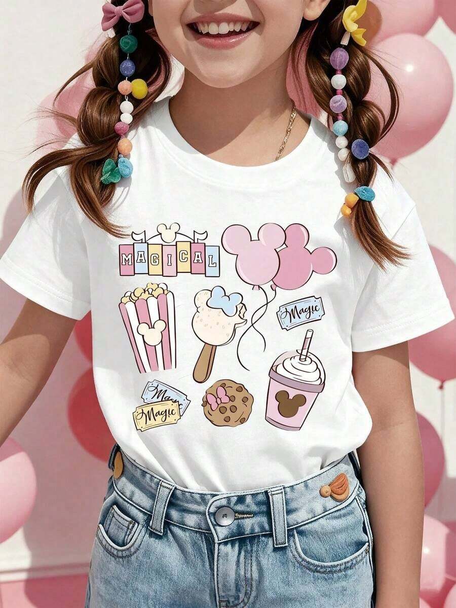 This Disney "Magic Kingdom Snacks" Themed Summer T-Shirt Is Suitable For Boys And Girls To Wear To Holiday Parties, Family Gatherings, Outdoor Activities, And While Traveling. It Also Makes A Great Gift For Children Visiting Disneyland. - White - View 1