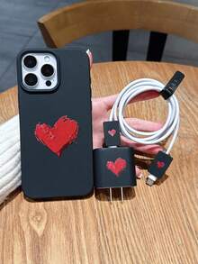 5pcs Set (1pc Black Liquid Big Hole Heart TPU Phone Case + 1pc Black Apple 18W/20W Charger Protector + 2pcs Black Data Cable Anti-Break Clips + 1pc Black Strap) Compatible With Apple 18W/20W Charger, Compatible With IPhone 17/17Pro/17ProMax, 16/16Pro/16ProMax/16Plus, 11/11ProMax, 12/12Pro/12ProMax, 13/13Pro/13ProMax, 14/14Pro/14Plus/14ProMax, 15/15Pro/15Plus/15ProMax - Multicolor - View 1