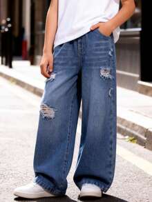 Tween Boy Elastic Waist Pocket Casual Distressed Denim Jeans - Light Wash - View 1