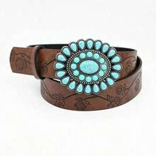 3.8cm Wide Bohemian Oval Turquoise Belt, Vintage Embossed Brown PU Leather Belt, Classic Western Style Belt Women & Girls, Carved Sapphire Belt, Dress, Jeans, Shirt Accessory, Holiday Summer, School Fall, Autumn, Halloween WYTB 3LZE - Dark Brown - View 3