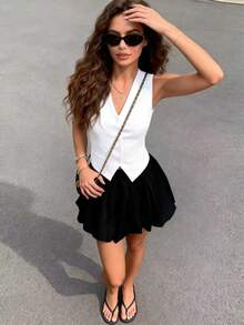 Solstice Apparel Bubble Pleat High Waist A-Line Mini Skirt, Matte Black Woven Fabric, Suitable For Commute, Daily Wear, Date, Spring/Summer, Valentine's Day - Black - View 6