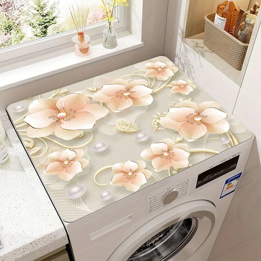 1pc Printed Dish Drying Mat, Washing Machine Top Cover, Daily Decor Drying Mat, Countertop Absorbent Pad, Quick-Dry Fridge Mat With Absorbent Function, Microwave Oven Protective Cover, Suitable For Modern Laundry Room And Kitchen Washing Machine And Dryer Tops