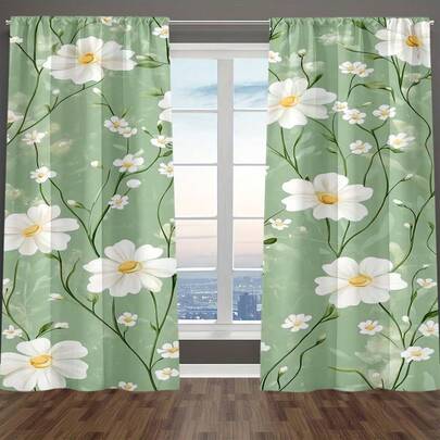 2pcs Daisy Floral Pattern Decorative Tapestry For Bedroom & Living Room, Pull Cord Curtain, Machine Washable, High Definition Digital Printing, 100% Polyester Material