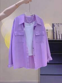 女士紫色纽扣衬衫领长袖上衣，常规版型，梭织面料，适合春季休闲穿着 - 紫色 - 查看 4