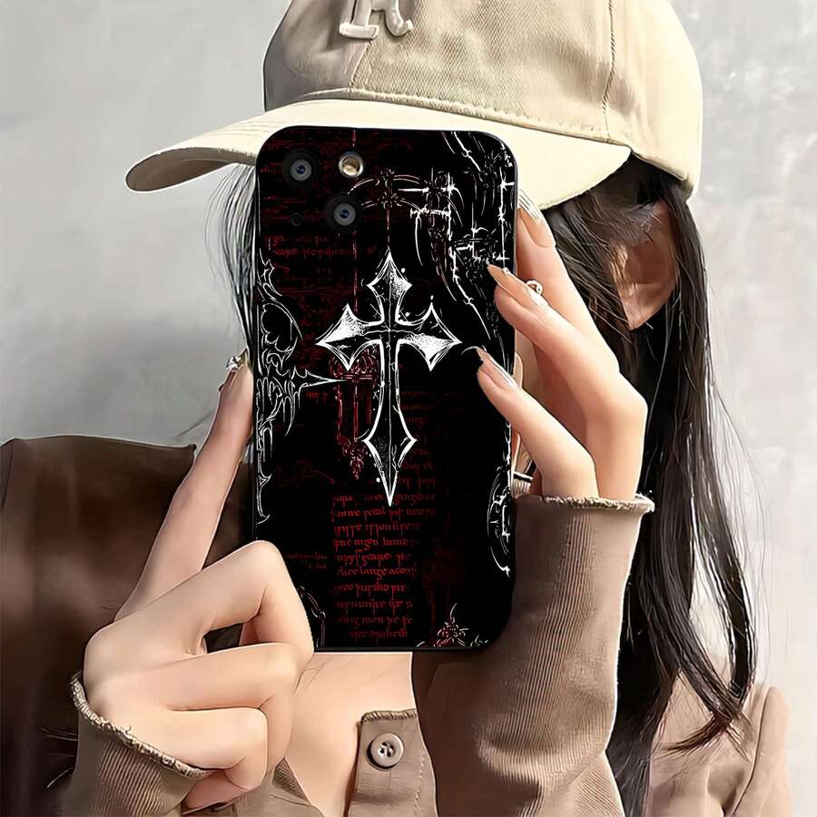 Estuche para teléfono con diseño de cruz gótica Compatible con estuches para teléfonos 17 16 Pro Max 15 Pro Max 13 y 12 Hecho de material de TPU que brinda protección contra golpes y caídas Un gran regalo para familiares, amigos, seres queridos, novios, novias y para días festivos y aniversarios - Negro - Ver 1