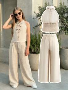 2 peças Conjunto: Top Camisole com Pregas Nas Costas e Decoração de Laço 3D, Combinado com Parte Inferior Correspondente. Decote Bordado Adiciona Toque Elegante. Tecido Leve, Design de Contraste de Cor Sólida para Visual Confortável e da Moda. Adequado para Escola, Atividades Diárias, Passeios Casuais, Mostrando Vitalidade e Elegância Jovens, Apropriado para Várias Ocasiões do Dia a Dia. - Damasco - Visão 3