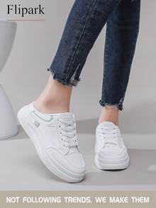 Flipark 1 Pair Women's Casual Shoes With Thick Soles, White With Green Accents + Green Leather Upper, Lightweight Non-Slip Low-Top Slip-On Sneakers For Daily Commute - Green - View 3