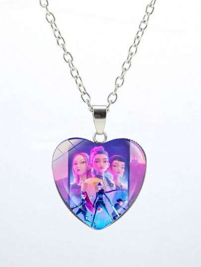 Kpop DemonHunteSK-POP Demon Hunting Girl Group Heart Necklace Pendant, Cross-Border Hot Selling Accessory, Anime Cartoon Heart Pendant Sweater Chain