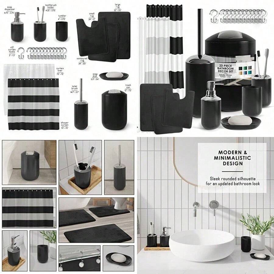 Clara Clark Black Bathroom Accessory Set - 23PC Complete Set With Bath Rugs Shower Curtain Set Soap Dispenser Toilet Brush And Trash Can - Black - View 1