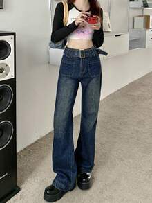 OJOK 新款 Y2K 风格水洗蓝色直筒阔腿女式牛仔裤（含腰带） - 藍色 - 查看 10