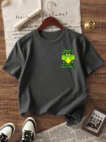 Teenage Boys' Funny Cat & Letter Print Crew Neck Short Sleeve T-Shirt, New Spring/Summer Kids Graphic Tee - Dark Grey - View 4