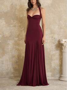 Women's New Halter Neck Strapless Backless Sexy Slim Fit Floor-Length Flared Elegant Dress - 酒紅色(25325) - 查看 5