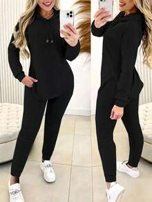 2026 Early Spring Must-Have Fashion Premium | Hooded Loungewear Set: Soft, Stretchy Fabric Perfect For Early Spring Light Workouts And Everyday Commutes, Featuring A Hooded Drawstring Top And High-Waisted Jogger Pants Two-Piece Set. The Curved Hem And Side Pockets Balance Laid-Back Comfort With Practicality, Available In Black/Gray/Navy-Your Go-To For A Cozy, Effortless Spring Look. Casual Drawstring None Pocket Daily Home - 黑色 - 查看 1