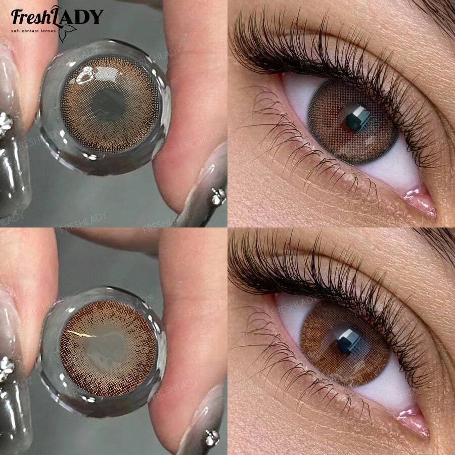 FRESH LADY 1 Cặp, Tròng kính áp tròng to màu xám nhạt, có độ, Dùng hàng ngày, trang điểm khi hẹn hò, đi làm, đi học hoặc cosplay, sử dụng được cả năm, 14.50 mm
