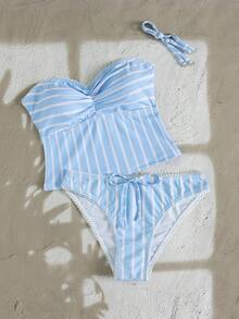 PEPPERMOLLY Light Blue & White Striped Cute Spaghetti Strap Bikini Set - Adorable Lace Trim & Bow Decorated Panty, Slim Fit Swimwear For Beach Vacation Summer - Blue and White - View 5