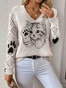 优雅波西米亚风猫咪印花V领长袖毛衣，适合秋冬、春夏等四季穿着，时尚套头针织衫，适合办公室、街头、居家、旅行等各种场合。 - 杏色 - 查看 9