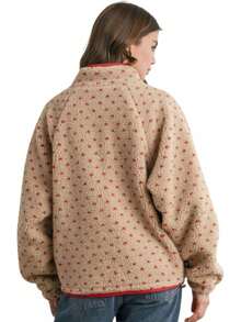 Women's Fleece Jacket Button Down Lapel Collar Sherpa Jackets Long Sleeve Contrast Quilted Outerwear - Đỏ - Xem 5