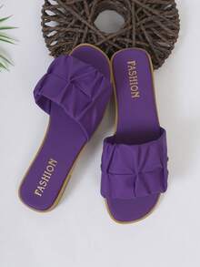 1 Pair Women's Summer Fashionable PU Pleated/Ruffle Edge Beach Sandals, Non-Slip Outdoor Slippers With Soft Soles And Open Toe, Casual Wear - Purple - View 7