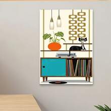 Framed 2D Flat, 1pc Mid-Century Modern Retro 60s/70s Vinyl Record Player & Black Cat Wall Art - Turquoise Blue & Mustard Yellow Gallery-Wrapped Canvas Print, Ready-To-Hang /Outdoor Farmhouse Decor For Living Room, Bedroom, Music Studio, 2D Flat - Framed - 查看 4