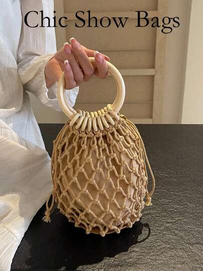 Woven Round Hollow Tote Bag, Minimalist Style, Perfect For Beach Vacation, Travel, Shopping, And Vacation Essentials