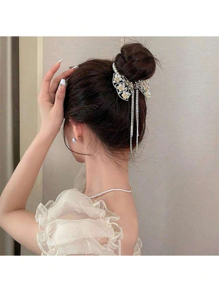 闪亮发夹，丸子头发饰，芭蕾舞丸子头发夹，带流苏和水钻装饰，适合女士和女孩，爪夹，发卡 - 蝴蝶款1 - 查看 3