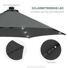 Solar Parasol With LED, Ø 290 X 260 Cm (Cross Base Included), 55-60 Kg, UV Protection, With Protective Cover, Crank Handle, Polyester, Dark Grey - Dark Grey - View 5