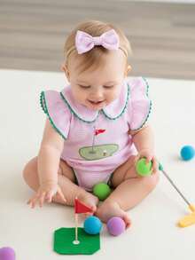 Newborn Baby Boy Golf Clothes Embroidery Sleeveless Bubble Romper Stripe Bodysuit Cute Infant One Piece Summer Outfit - Hồng - Xem 3