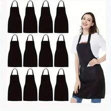 12 pièces/set Tabliers noirs, tabliers de cuisine unisexes avec 2 poches et sangle de cou réglable, convenant aux adultes pour la cuisine, la peinture, le barbecue, la cuisson, le jardinage - Taille unique - Voir 2