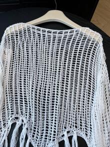 Sexy Design Hollow Out Knit Cover Up, Elegant Beach Vacation Sheer Cover Up Crop Top For Summer - White - View 5