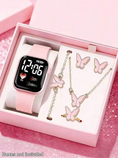 6/1pc Women's Elegant Heart-Shaped LED Digital Display Watch Set With Necklace, Bracelet, Ring, Earrings Jewelry, Suitable For Daily Wear, Travel, Holiday, Party Decoration, Birthday/Holiday Gift, Valentine's Day, New Year Perfect Gift For Her
