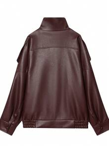 女士休闲纯色前开襟纽扣口袋夹克，口袋细节轻薄外套，适合秋冬春季穿着 - 酒紅色 - 查看 6