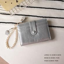 Heart-Shaped Pearl Crackle Leather Small Niche Retro Short Foldable Ins Style Women Wallet, PU Multifunctional Bifold Purse - Multicolor - View 3