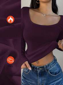 Women's Casual Solid Color Black Knit Scoop Neck Long Sleeve Slim Fit T-Shirt,Thermal Lined Without Bulkiness, Upgraded Thermal Fabric,  Slim Fitted Stretch Undershirt Tee Blouse For Fall And Winter - Purple - View 4