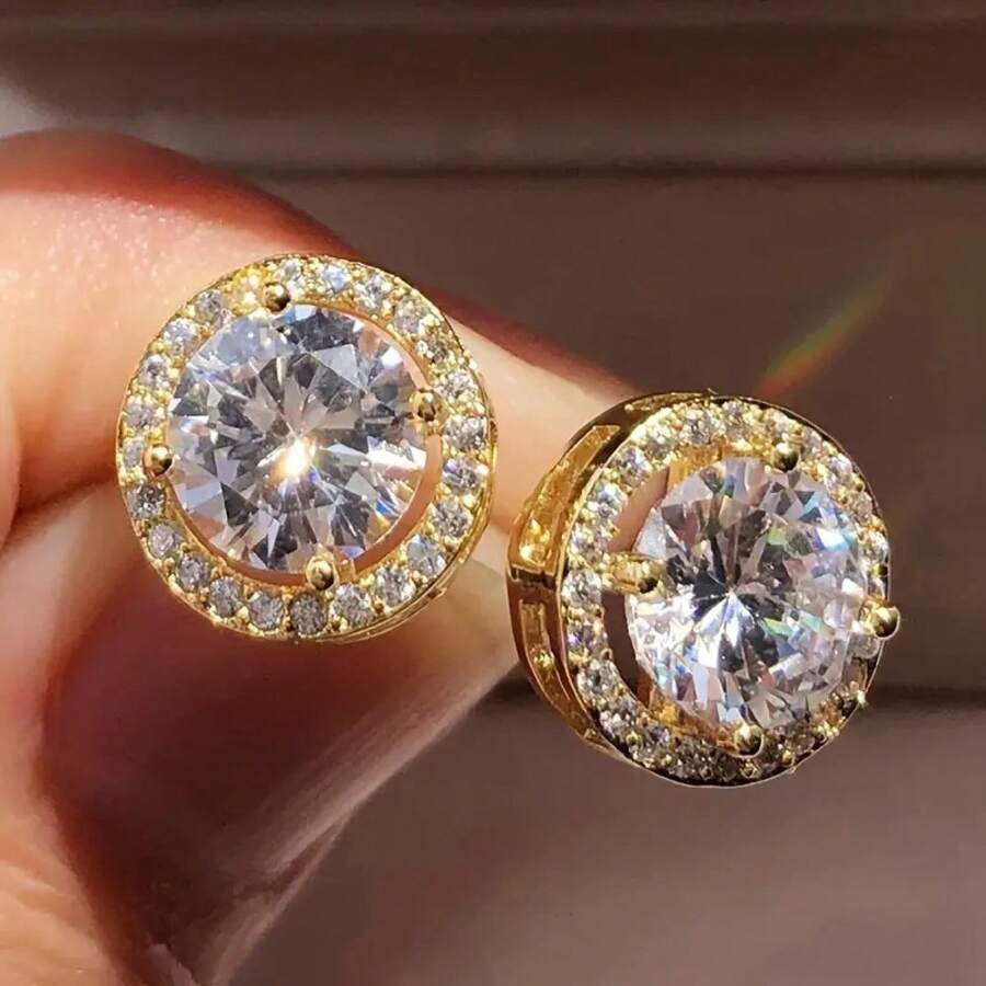 Exquisite  Round Diamond Stud Earrings Fashion Cross-Border European And American Women's New  Earrings Jewelry - 金色 - 查看 1