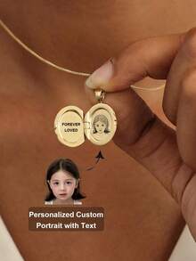 1pc Customized Photo Locket Necklace, Stainless Steel Engraved Oval Pendant Necklace, Gold Photo Necklace, Memorial Jewelry, Anniversary Gift, Mother's Gift, Mother's Day Gift - Multicolor - View 9