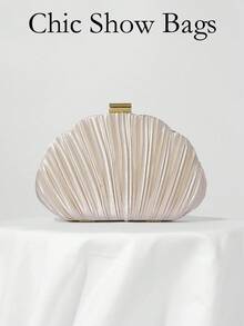 Trending Shell-Shaped Clutch: Crafted From Luxurious Faux Silk With Delicate Pleats On A Smooth Satin Surface. Designed To Pair Seamlessly With Qipao Or Evening Gowns At Parties, Its Fabric Texture Echoes Your Attire For A Cohesive, Polished Look. It Also Elevates Date-Night Outfits, Exuding A Soft, Elegant Charm - Champagne - View 2