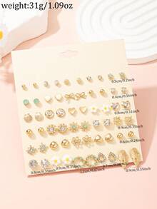 30 Pairs/Set Minimalist Women Stud Earrings Set, Cute Daisy, Fashion Teardrop, Bow, Heart Flower, Snowflake Designs, Versatile For Beach, Holiday, Gift - Yellow Gold - View 5