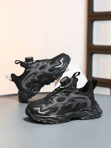 1 par de zapatillas deportivas de malla para niños, de estilo primavera/otoño, con hebilla rotativa ajustable de fácil puesta y quita, adecuadas para uso casual, deportivo, escolar y de moda, versátiles y atléticas - Negro - Ver 2
