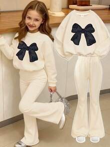 2pcs/Set Teenage Girls Bow Print Crew Neck Sweatshirt + Pants Set, New Fashionable Casual Outfit Suitable For Travel - Apricot - View 1