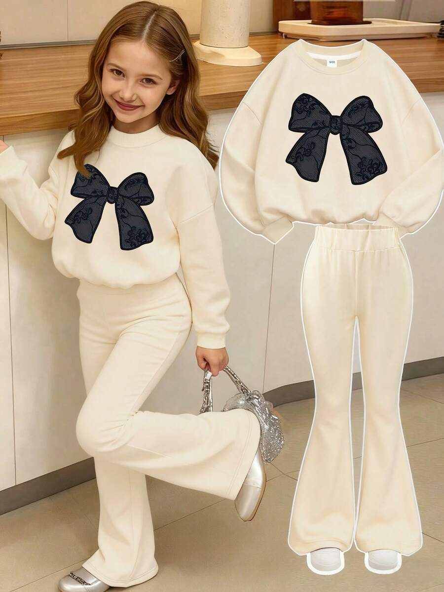 2pcs/Set Teenage Girls Bow Print Crew Neck Sweatshirt + Pants Set, New Fashionable Casual Outfit Suitable For Travel - Apricot - View 1
