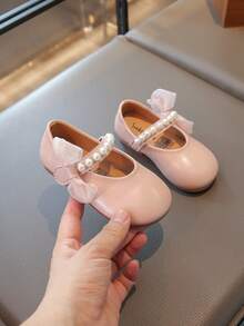 1 Pair New Baby Girls' Pearl Bow PU Hook And Loop Design Princess Style Flat Shoes, Pink, Suitable For Spring/Autumn - Pink - View 10