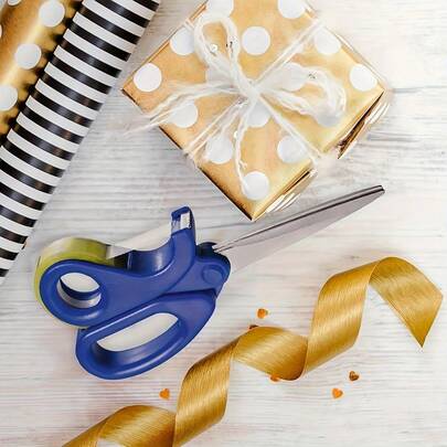 กรรไกร 2 ฟังก์ชันพร้อมที่ตัดเทปใสในตัว, ที่ตัดม้วนกระดาษอเนกประสงค์เหมาะสำหรับห่อของขวัญและงานสำนักงาน