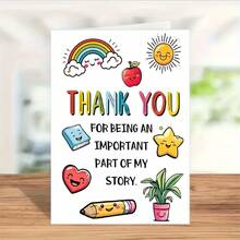 Happy Thank You Teacher Card With Envelope -Vibrant Cartoon Design Featuring Rainbow, Apple And Smiling Face, Daycare OrcareYear-End Gift - Multicolor - View 3