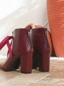 Bottines à talons épais bordeaux pour femmes, nouvelles sandales polyvalentes de mode printemps/été avec fermeture éclair arrière, lacets, design ajouré. Sandales romaines à bout rond à talons hauts avec brides. Bottes de cheville confortables grande taille pour vacances, fêtes et extérieur, respirantes - Rouge foncé - Voir 8