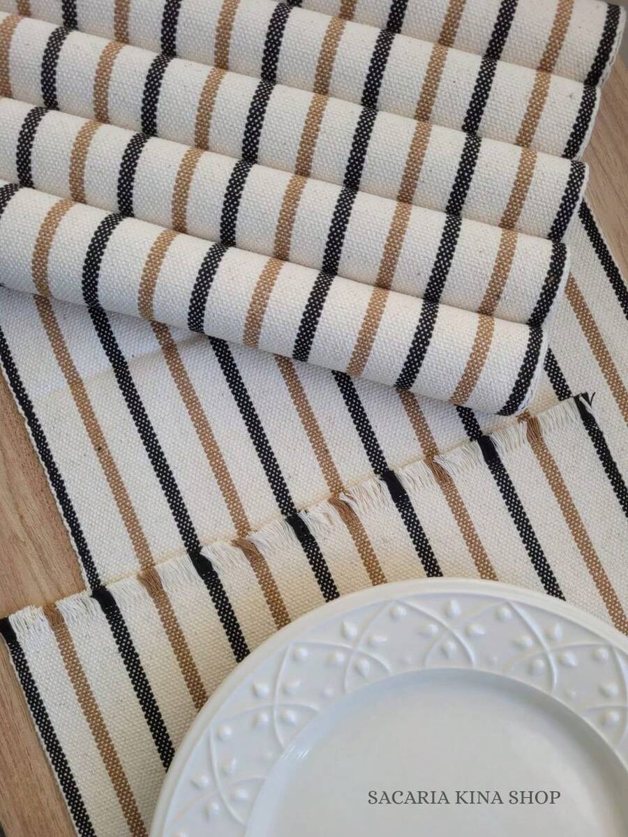 Jogo Americano LUXO 7 peças sendo 1 caminho e 6 lugares em tear qualidade! - BEGE CRÚ E PRETO - Visão 1